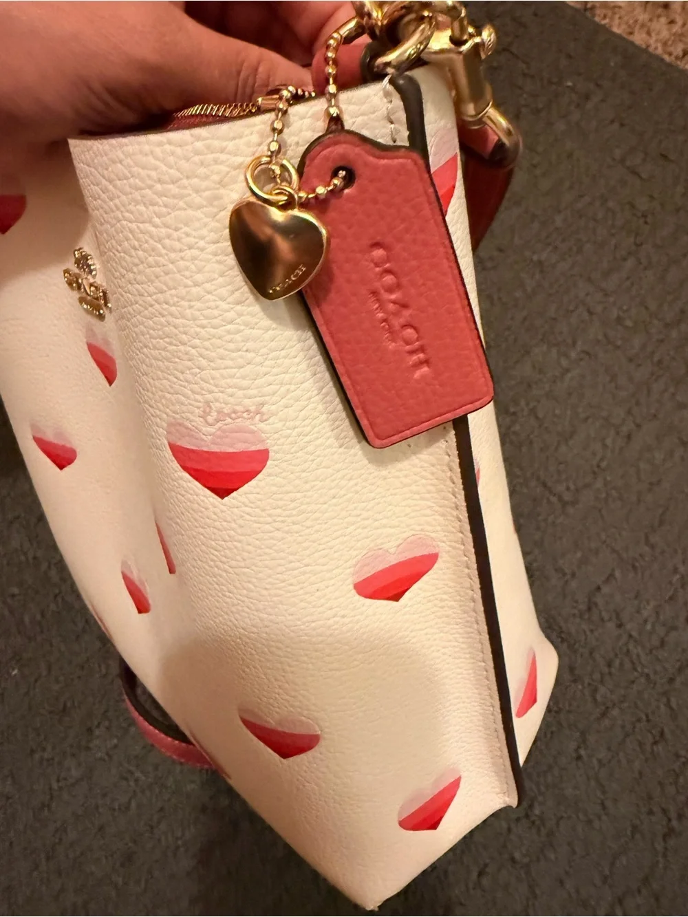 Coach Pink Heart Print Crossbody Bag with Red Trim